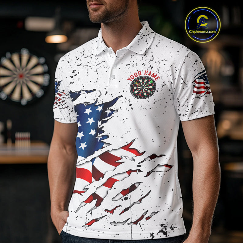 Personalized White Grunge American Flag Darts Jersey For Men Custom Patriotic Darts Team Shirts TDM5076