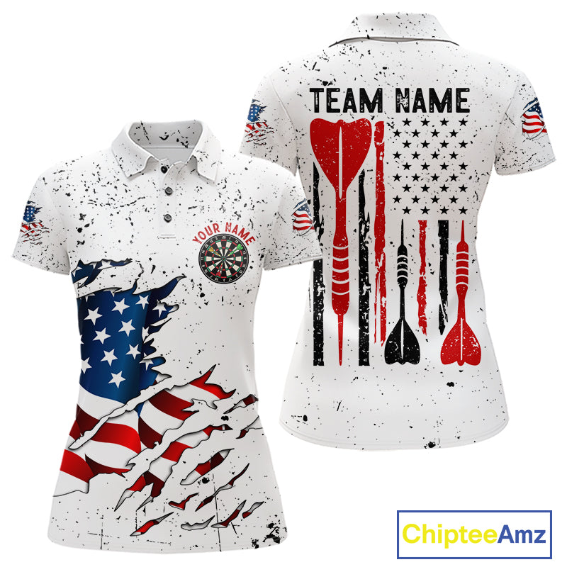 Personalized White Grunge American Flag Darts Jersey For Women Custom Patriotic Darts Team Shirts TDM5076