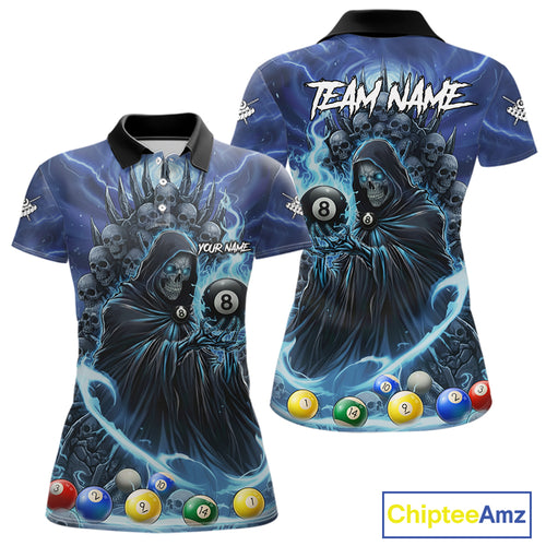 Blue Grim Reaper Lightning Billiard Shirt For Women Custom 8 Ball Pool Jersey Team Polo & 1/4 Zip TDM5292
