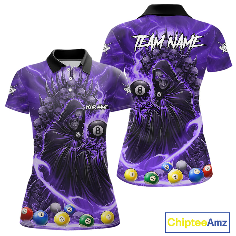 Purple Grim Reaper Lightning Billiard Shirt For Women Custom 8 Ball Pool Jersey Team Polo & 1/4 Zip TDM5293