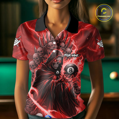Red Grim Reaper Lightning Billiard Shirt For Women Custom 8 Ball Pool Jersey Team Polo & 1/4 Zip TDM5294