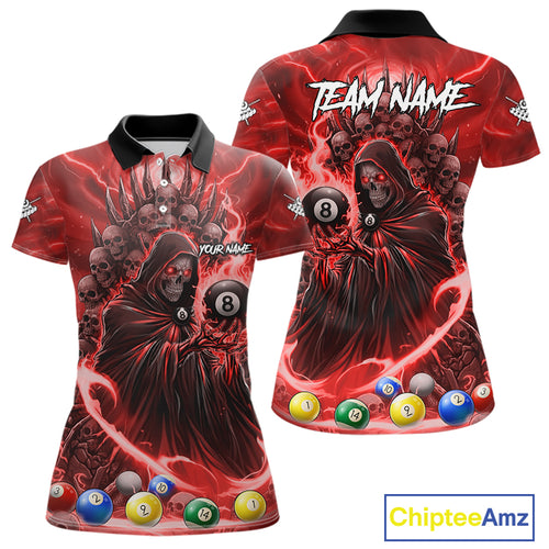 Red Grim Reaper Lightning Billiard Shirt For Women Custom 8 Ball Pool Jersey Team Polo & 1/4 Zip TDM5294
