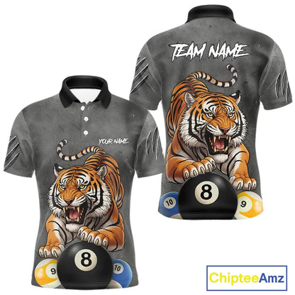 Funny Tiger 8 Ball, 9 Ball & 10 Ball Billiard Shirt For Men Custom Pool Team Jersey | Grey TDM5540