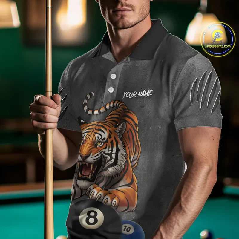 Funny Tiger 8 Ball, 9 Ball & 10 Ball Billiard Shirt For Men Custom Pool Team Jersey | Grey TDM5540