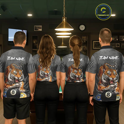 Funny Tiger 8 Ball, 9 Ball & 10 Ball Billiard Shirt For Men Custom Pool Team Jersey | Grey TDM5540