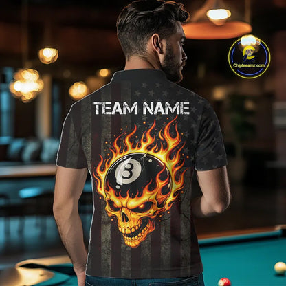 Vintage American Flag Skull Flame Billiard Shirt For Men Custom Patriotic 8 Ball Pool Team Jersey TDM5545