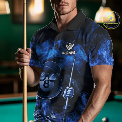 Blue Funny 8 Ball Pool Flame Smoke Billiard Shirt For Men Custom Billiard Team Jersey Uniform TDM5546