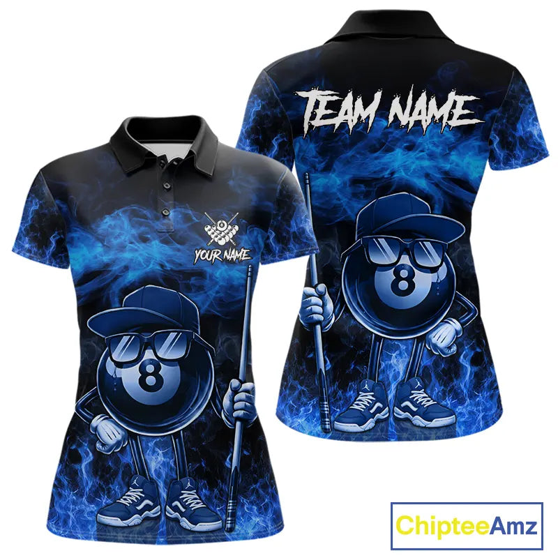 Blue Funny 8 Ball Pool Flame Smoke Billiard Shirt For Women Custom Billiard Team Jersey Uniform TDM5546