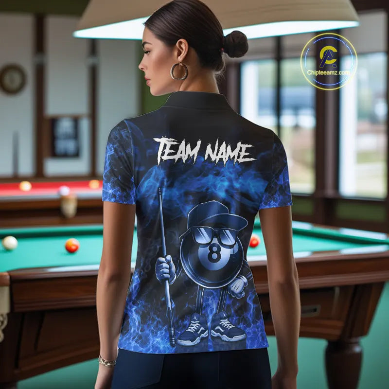 Blue Funny 8 Ball Pool Flame Smoke Billiard Shirt For Women Custom Billiard Team Jersey Uniform TDM5546
