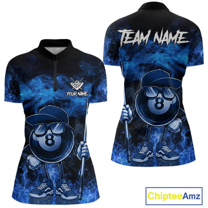 Blue Funny 8 Ball Pool Flame Smoke Billiard Shirt For Women Custom Billiard Team Jersey Uniform TDM5546