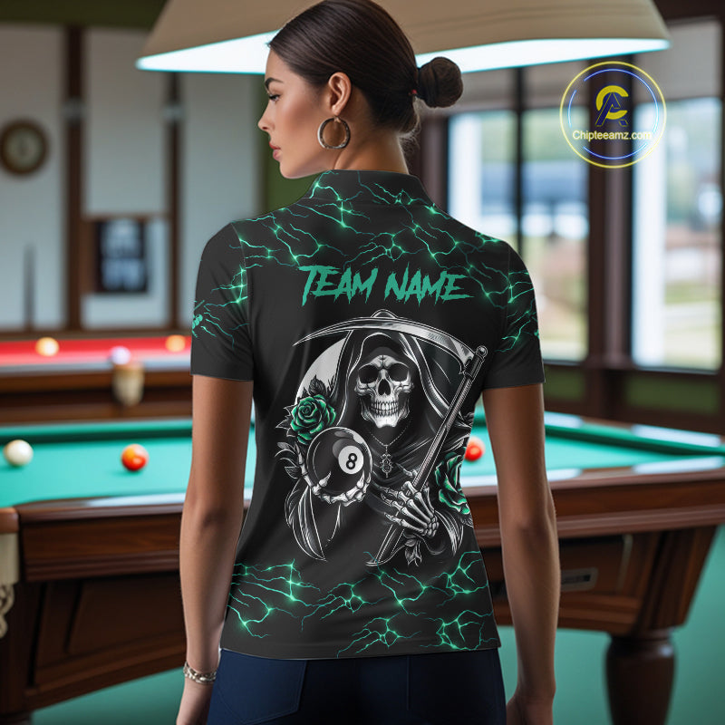 Turquoise Funny Grim Reaper Roses 8 Ball Pool Women Billiard Shirts Custom Thunder Billiard Jersey TDM3630