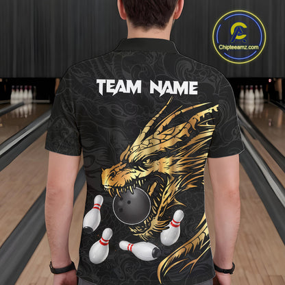 Black And Gold Custom Dragon Bowling Shirt For Men, Bowling Team Jersey Polo & Quarter Zip TDM6165