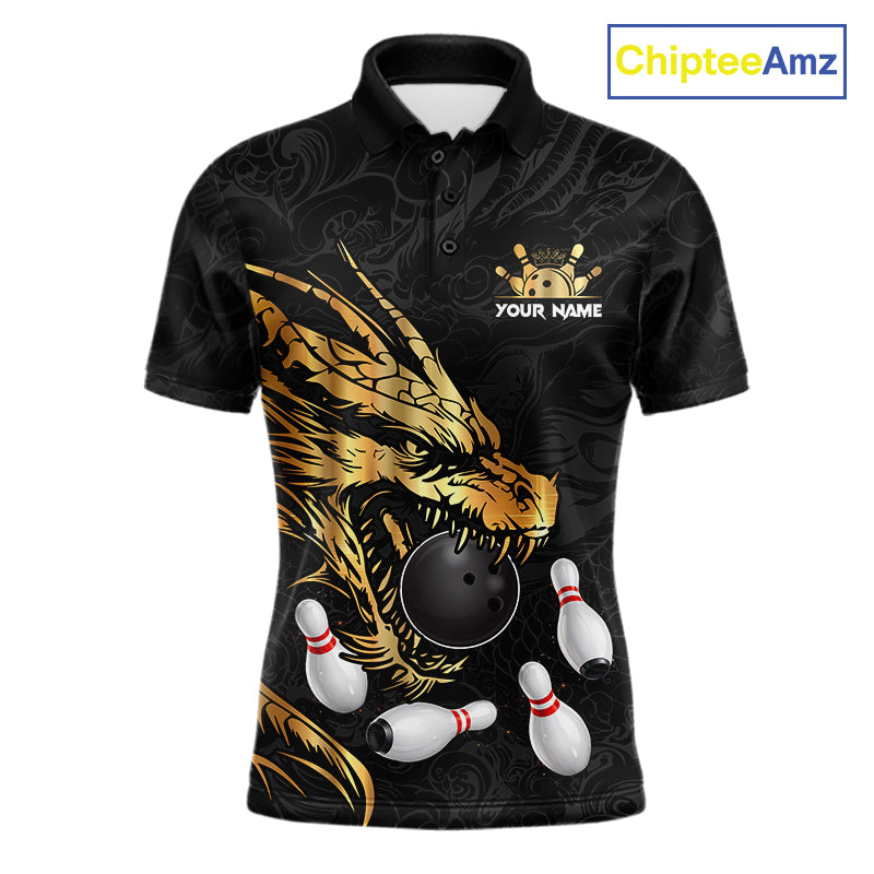 Black And Gold Custom Dragon Bowling Shirt For Men, Bowling Team Jersey Polo & Quarter Zip TDM6165