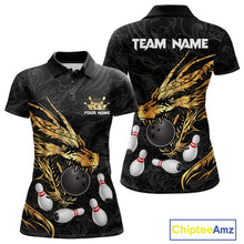 Load image into Gallery viewer, Black And Gold Custom Dragon Bowling Shirt For Women, Bowling Team Jersey Polo &amp; Quarter Zip TDM6165