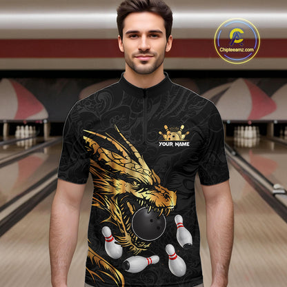 Black And Gold Custom Dragon Bowling Shirt For Men, Bowling Team Jersey Polo & Quarter Zip TDM6165