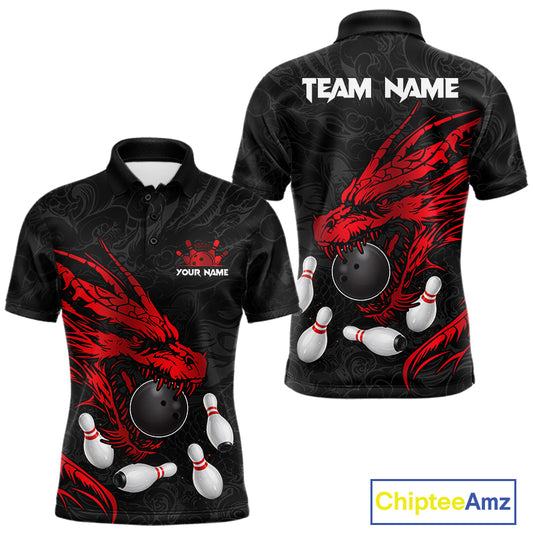 Black And Red Custom Dragon Bowling Shirt For Men, Bowling Team Jersey Polo & Quarter Zip TDM6166