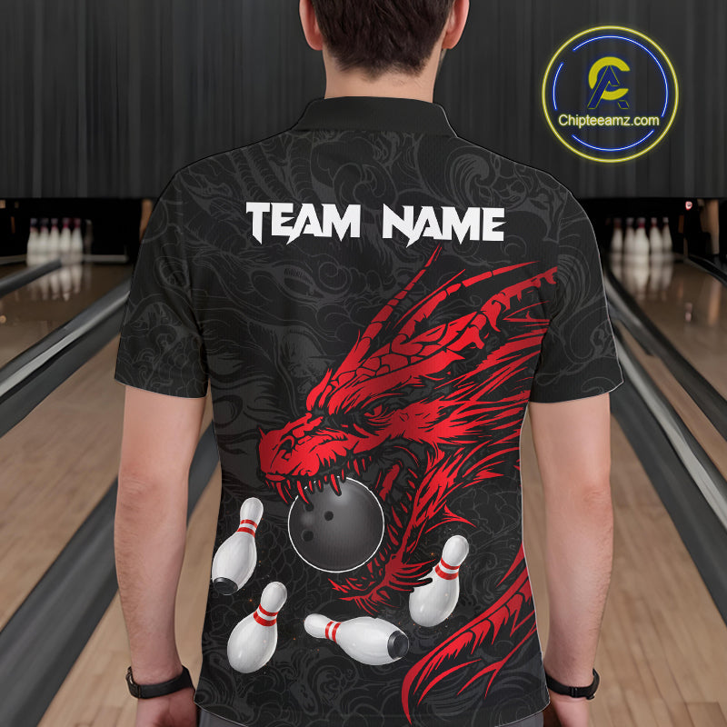 Black And Red Custom Dragon Bowling Shirt For Men, Bowling Team Jersey Polo & Quarter Zip TDM6166