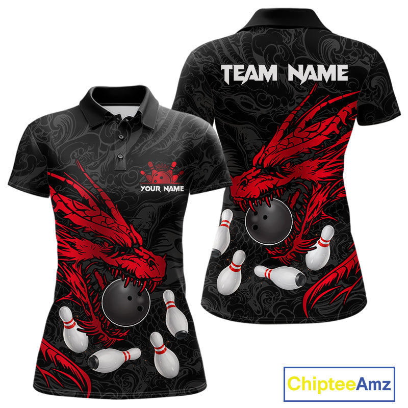 Black And Red Custom Dragon Bowling Shirt For Women, Bowling Team Jersey Polo & Quarter Zip TDM6166