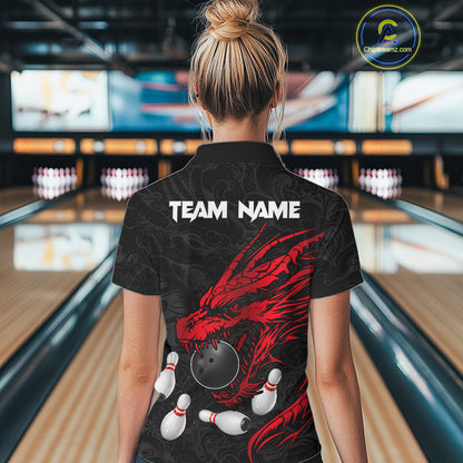 Black And Red Custom Dragon Bowling Shirt For Women, Bowling Team Jersey Polo & Quarter Zip TDM6166