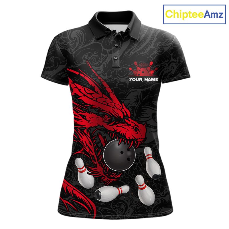 Black And Red Custom Dragon Bowling Shirt For Women, Bowling Team Jersey Polo & Quarter Zip TDM6166