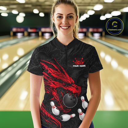 Black And Red Custom Dragon Bowling Shirt For Women, Bowling Team Jersey Polo & Quarter Zip TDM6166