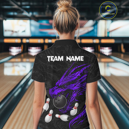 Black And Purple Custom Dragon Bowling Shirt For Women, Bowling Team Jersey Polo & Quarter Zip TDM6167