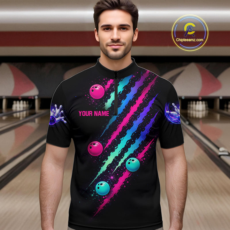 Custom Neon Bowling Shirt For Men, Funny Strike Bowling Team Jersey Polo & Quarter Zip Shirts TDM6169
