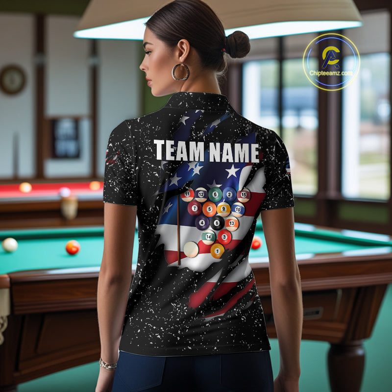 Black Grunge US Flag Eagle Billiard Shirt For Women Custom 8 Ball Pool Team Jersey Polo & 1/4 Zip TDM6404