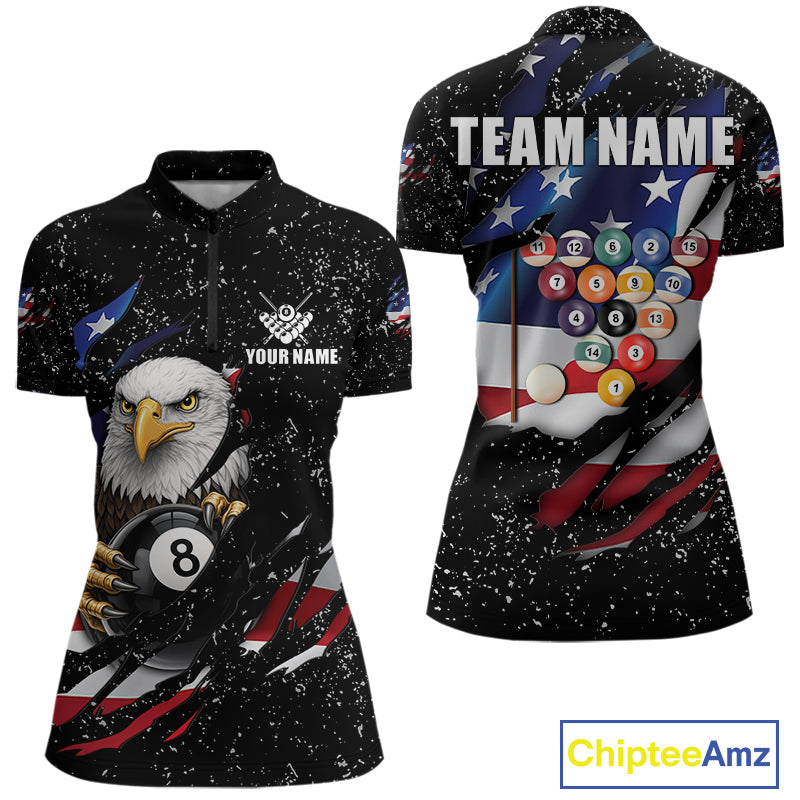 Black Grunge US Flag Eagle Billiard Shirt For Women Custom 8 Ball Pool Team Jersey Polo & 1/4 Zip TDM6404