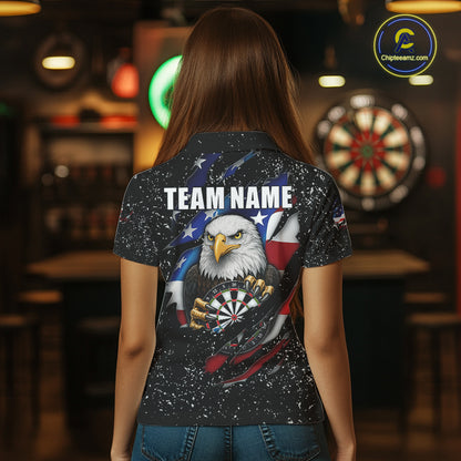 Custom Eagle Darts Jersey For Women, Black Grunge American Flag Patriotic Darts Shirt Polo & 1/4 Zip TDM6405