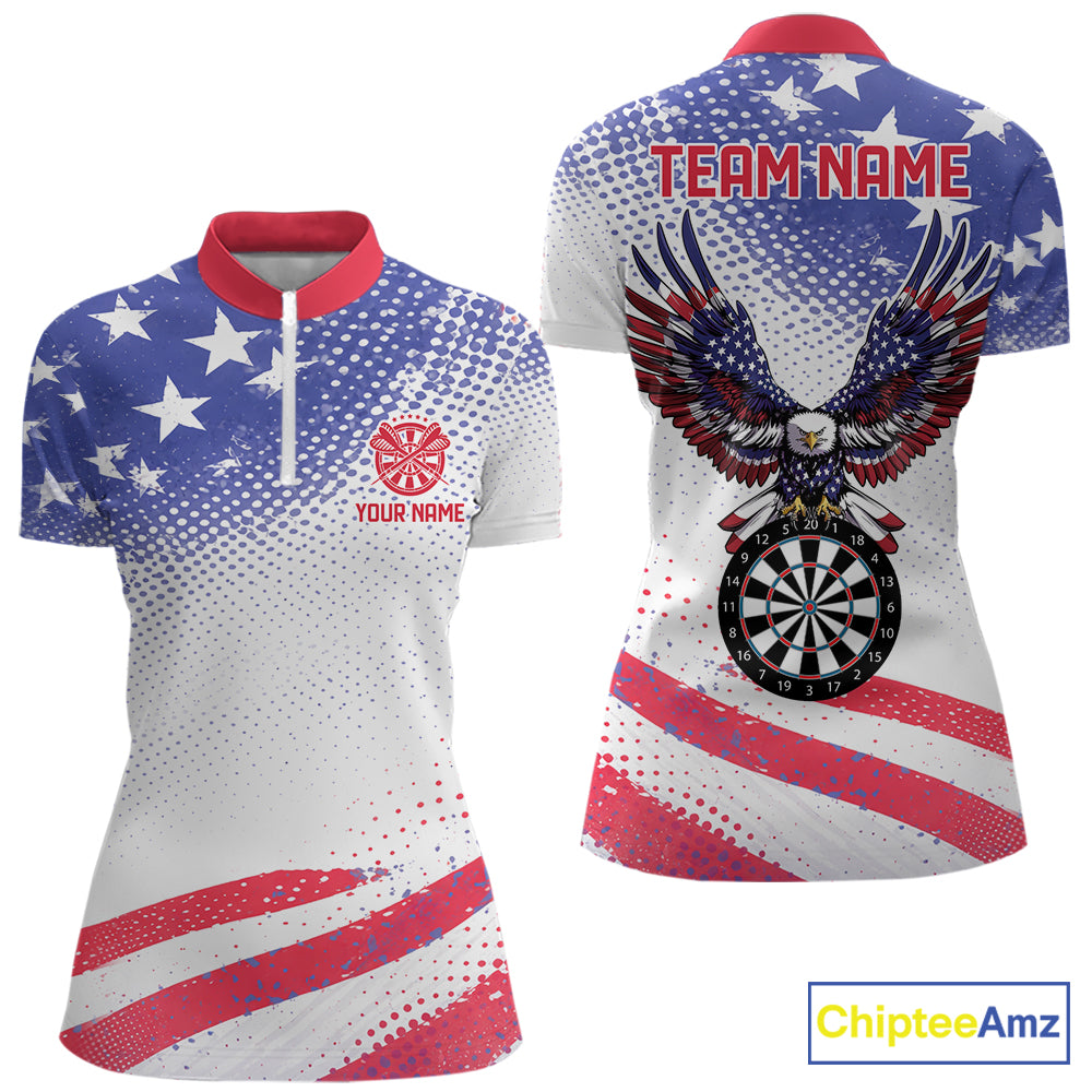 Personalized American Flag Eagle Darts Shirts For Women, Patriotic Darts Jersey Team Polo & 1/4 Zip TDM6406