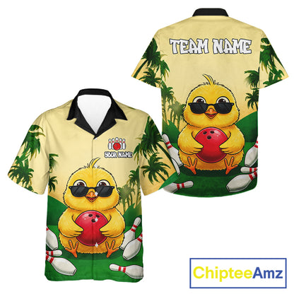 Hawaiian shirt with a cartoon duck holding a bowling ball design, featuring palm trees.