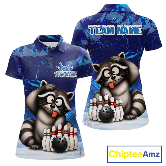 Personalized Blue Funny Raccoon Bowling Shirt For Women Custom Bowling Team Jersey Polo & 1/4 Zip TDM6594
