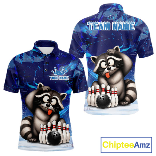 Bowling-themed polo shirt with raccoon design and customizable text.