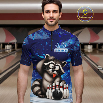 Personalized Blue Funny Raccoon Bowling Shirt For Men Custom Bowling Team Jersey Polo & 1/4 Zip TDM6594