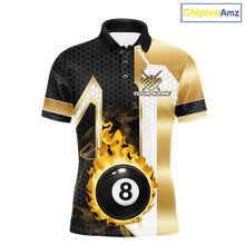 Load image into Gallery viewer, Gold flame 8 ball custom billiard polo shirt for men, personalized pool team jersey for tournaments.