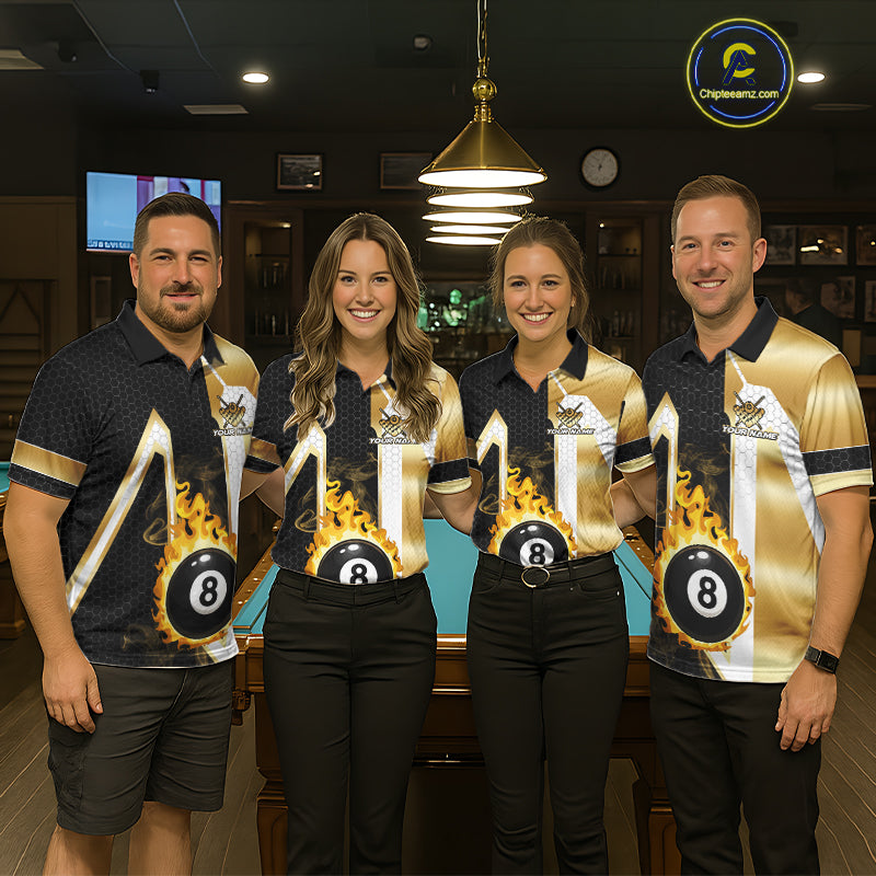 Pool team wearing matching gold flame 8 ball custom billiard jerseys during tournament competition front view.