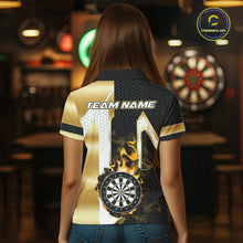 Load image into Gallery viewer, Back view of woman wearing a black and gold dartboard flame darts team jersey, custom darts tournament apparel.