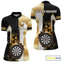 Load image into Gallery viewer, Black and gold dartboard flame quarter zip darts shirt for women, custom darts team jersey and league apparel.