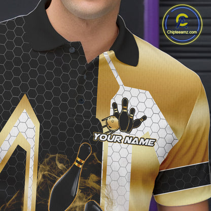 Close up of collar, chest and button details on a black and gold smoke bowling pin men's bowling polo shirt.