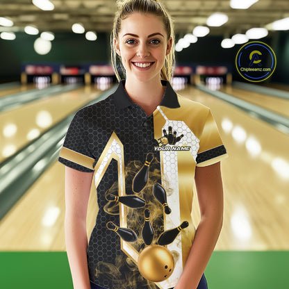 Woman wearing a black and gold smoke bowling pin bowling polo shirt front view, custom bowling league jersey for women.