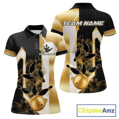 Black and gold smoke bowling pin bowling team polo shirt for women with custom league and tournament graphics.