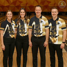 Load image into Gallery viewer, Bowling team wearing matching black and gold smoke bowling pin custom bowling jerseys front view.