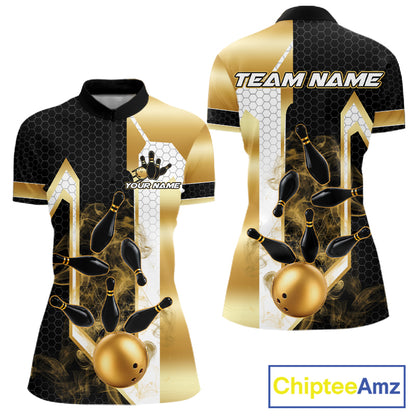 Black and gold smoke bowling pin quarter zip bowling shirt for women, custom bowling team jersey and tournament apparel.