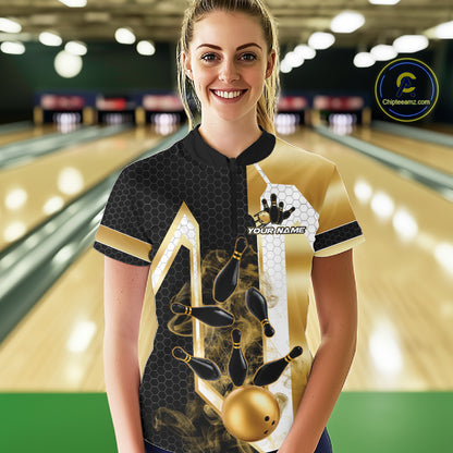Woman wearing a black and gold smoke bowling pin quarter zip bowling shirt front view, personalized bowling team apparel.