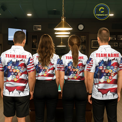 Back view of pool players wearing matching white grunge American flag 8 ball billiard team shirts and custom pool jerseys.
