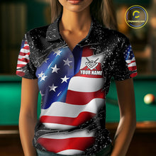 Load image into Gallery viewer, Woman wearing a black grunge American flag 8 ball custom billiard jersey front view, personalized pool team shirt.