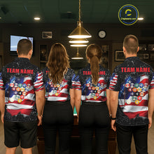Load image into Gallery viewer, Back view of pool players wearing matching black grunge American flag 8 ball billiard team shirts and custom pool jerseys.