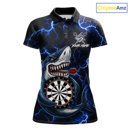 Personalized Blue Thunder Lightning Shark Darts Polo Shirt Featuring a Powerful Shark Design with Electric Lightning Effects for Dart League Players, Team Competition, and Tournament Events