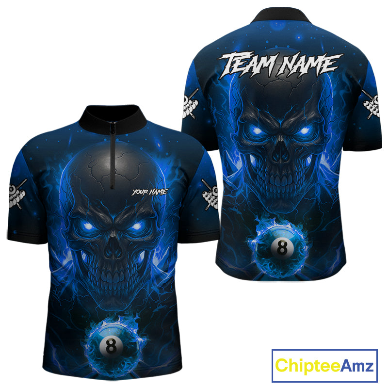 Personalized Blue Billiard Skull Fire 8 Ball Pool Shirt For Men Custom Billiard Team Jersey TDM5079
